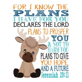 Woodland Christian Nursery Set of 4 Unframed Prints, Moose, Raccoon, Beaver, and Squirrel with Bible Verses