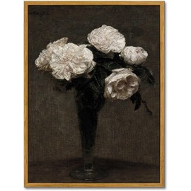 KBKBART Framed Vintage Wall Art, Vintage Still Life Flower Canvas Oil Painting, Classical Moody White Roses Vase Prints for Wall Decor, Antique Floral Art Painting Victorian Decor Artwork for Bedroom Living Room Bathroom Gallery(12"x16")