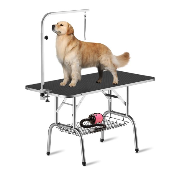 Polar Aurora Pingkay 46'' Black Heavy Duty Pet Professional Dog Show Stainless Steel Foldable Grooming Table w/Adjustable Arm & Noose & Mesh Tray