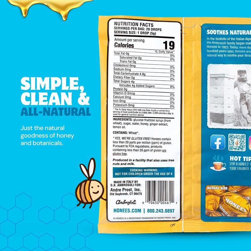Honees Filled Honey Ginger Drops, Natural Cough Drops- Pure Ginger