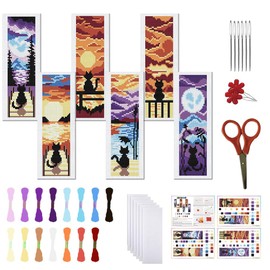 FREEBLOSS Set of 6 Cross Stitch Bookmarks Stamped Cross Stitch Set with Landscape and Cat Patterns Embroidery Set with Instructions DIY Bookmark Set as a Gift for Adults 8 x 2.4 Inches