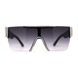 Womens Rhinestone Flat Top Rimless Shield Mafia Sunglasses Black Smoke