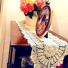 Damanni Oval Cotton Handmade Crochet Lace Table Runner Doilies Table Dresser Scarf Décor,12 Inch by 43 Inch，Beige