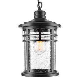 Darkaway Large Outdoor Pendant Lights for Porch, 15inch Outdoor Chandelier Hanging Porch Lights Outdoor Ceiling Mount Aluminum with Seeded Glass for Front Porch Gazebo Patio (Large, Black)