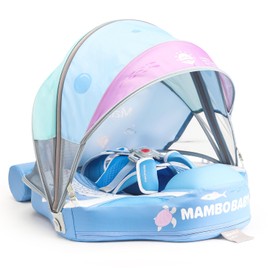 2024 Newest Mambobaby Baby Float with Canopy & Tail Infant Swim Float Non-Inflatable Toddler Pool Float with Skin-Friendly Material for 3-24 Months Baby Boys Grils Blue (Deluxe Edition)