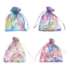 sourcing map Organza Bag 3.5" x 4.7", Sheer Colorful Coral Mesh Bags Drawstring Gift Bags Party Favor Bag Jewelry Pouches for Wedding Candy Valentines (Multicolor-Gold, Pack of 100)