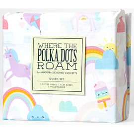 Where The Polka Dots Roam Rainbow and Unicorn 4 Pieces Full Bed Sheet Set |Super Soft Premium Bedding for Kids Room Décor, Bedding Set for Girls, 1 Fitted Sheet, 1 Flat Sheet and 2 Pillowcases