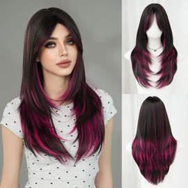 7JHH WIGS Natural Black Brown Rose Pink Hihglight Layered Wig with Curtain Bangs Long Straight Pixie Cut Natural Looking Heat Resistant Synthetic Hair Fiber Wigs for Women Daily Used