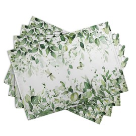 Sage Green Leaf Placemats Set of 4 Eucalyptus Leaves Place Mats 12×18 Inch Spring Summer Rustic Vintage Farmhouse Washable Linen Fabric Table Mats for Party Kitchen Dining Outdoor Indoor Decor