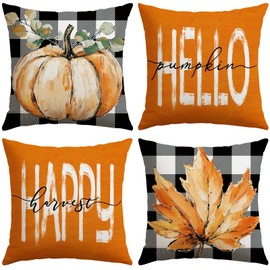 Artscope Fall Decorative Throw Pillow Covers 18x18 Inch Set of 4, Hello Happy Autumn Pumpkin Buffalo Plaid Maple Leaves Harvest Outdoor Farmhouse Pillow Cases for Home Sofa Couch-Orange B