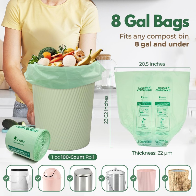 AIRNEX Compostable Kitchen Trash Bags 8 Gal - Cornstrarch Leakproof