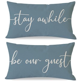 PANDICORN Farmhouse Lumbar Pillow Covers 12x20 Set of 2, Stay Awhile Be Our Guest Welcome Dusty Blue Decorative Throw Pillow Cases Outdoor Summer Decoration for Guestroom Bedroom Sofa Couch Decor