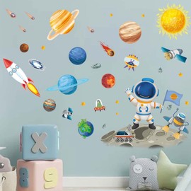 Amimagen Outer Space Astronaut Wall Stickers - Planets Rocket Boys Wall Decals - Baby Nursery Kids Room Daycare Playroom Wall Decor
