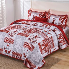 Christmas Quilt Set King Size 3 Pieces,Santa Claus Reindeer Bedspread Reversible Patchwork Coverlet Set,Soft Polyester Quilt with 2 Standard Shams for All Season