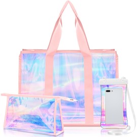 Yoojahow 3 Pcs Large Waterproof Tote Beach Bags for Women Iridescent Foldable Bag Cosmetic Pouch Phone Pouch for Beach Pool(Pink)