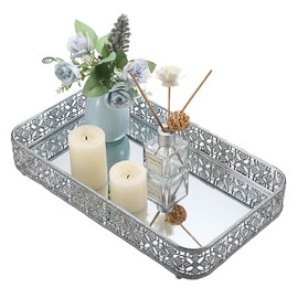 ELLDOO Countertop and Vanity Tray, Bathroom Tray Perfume Tray Mirror Tray, Silver Vanity Hollow-Carved Jewelry Tray Glass Metal Trinket Storage Tray Home Decor Organizer Tray,Large Size