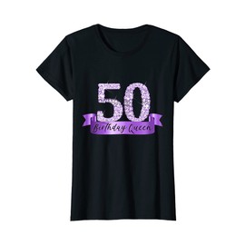 Womens Birthday Queen I Purple 50th Number & Ribbon Banner Outfit T-Shirt