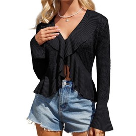 GRACE KARIN Women's Cardigan Long Sleeve V-Neck Elegant Lightweight Cardigan Bolero Jacket Cardigan with Tie Front, black