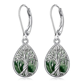 Sterling Silver Tree of Life Earrings for Women Moss Agate Earrings Moss Agate Jewelry Dangle Drop Leverback Teardrop Birthday Gifts