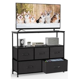 Elevon 5 Fabric Drawer Dresser TV Stand for Bedroom, Entertainment Center for 45 Inch TV with Storage Drawer Unit, Open Shelf, Adjustable Feet, Living Room