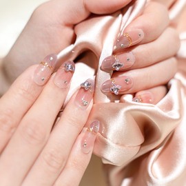 Sun&Beam Nails Handmade Nail Tip, Medium, Long, Oval, Pink, False Nails, Stone, French 0 Design, Fashionable, Set of 10 (#211 S)