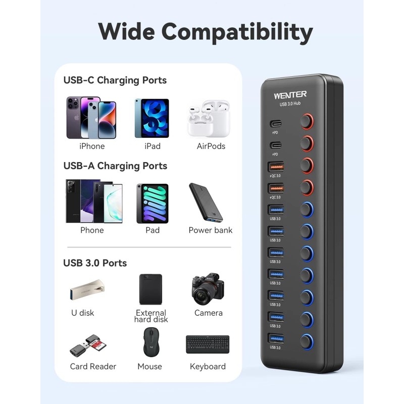 WENTER Powered USB 3.0 Hub, Wenter 48W 11-Port USB Hub