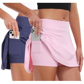 Ullnoy 2 Pack Womens Athletic Tennis Skirts with Pockets High Waisted Golf Skort Skirts Workout Lightweight Golf Skirt Navy/Pink XL