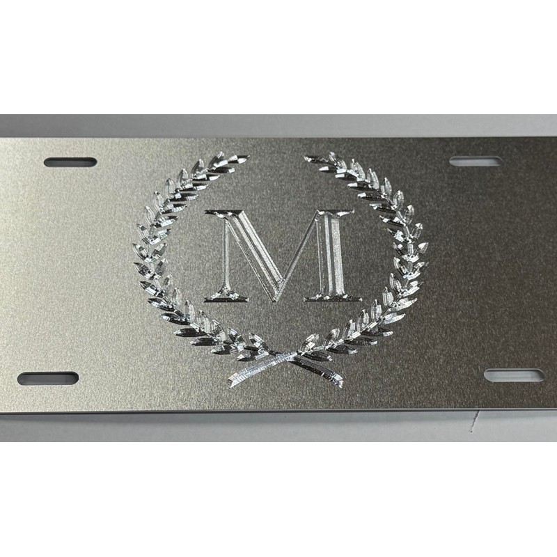 Silver Monogram Crest Car Tag Diamond Etched Engraved .040 Aluminum