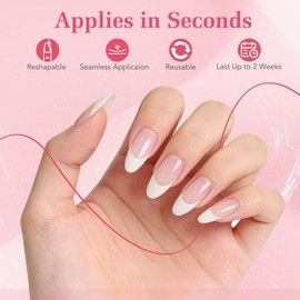 Uñas postizas francesas - Forma almendrada mediana puntiaguda, 15 tamaños, 30 piezas de uñas adhesivas de gel suave reutilizables, kit clásico de uñas