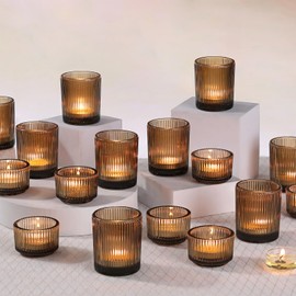 NITIME 20pcs Ribbed Amber Votive Candle Holders, Assorted Glass Tea Light Candle Holders for Fall Decor, Amber Candle Holders for Wedding Centerpieces, Thankgiving and Christmas Decorations