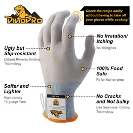 dinopro Cut Resistant Gloves,Food Grade Touchscreen Level 5 Mandoline Gloves,Washable Protection for Kitchen Meat Cutting, Oyster Shucking, Fish Filleting, Wood Working (1, Medium)