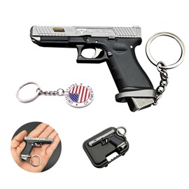 OPYLO Mini Gun Keychains, Gold/Silver/Black Pistol Shape Key Chain,Miniature Keychain,Novelty Keychain for Men （Black + silver）