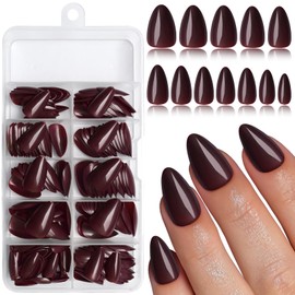 LoveOurHome 240pc Almond Press on Nails Short Fake Nails Burgundy Glue on Nails Short Almond Nails Press ons Acrylic Nail Full Cover Artificial Fingernail XS Stiletto False Nail with Adhesive Tabs