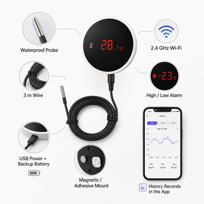 WiFi Temperature Sensor with 3m Probe for Smart Monitoring –