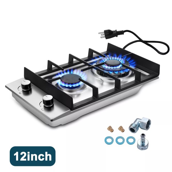 Eascookchef 2-Burners 12inch Gas Cooktop Eascookchef Stainless Steel NG/LPG Convertible