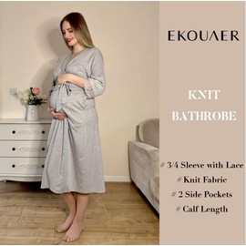 Ekouaer Women's Knit Bathrobe Lace Kimono Robes with Pockets Full Length Lightweight Loungewear Light Gray S