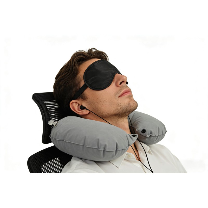 Inflatable Travel Pillow Eye Mask Earplugs 3-Piece Set, Medium Size