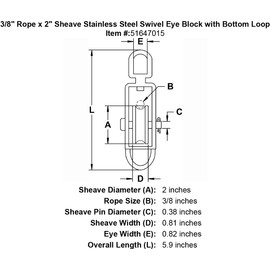 3/8" Rope x 2" Sheave Stainless Steel Swivel Eye Block with Bottom Loop