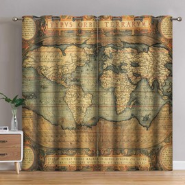 Jekeno World Map Blackout Curtains World Map Vintage Print Grommet Window Drapes for Bedroom Living Room 2 Panel Set, 52"x84"