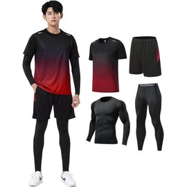 ZOEMAKE Men's and Women's Sportswear, 4-Piece Set, Running Wear, Tennis Wear, Training, Fashionable, Sweat Absorbent, Quick Drying, Unisex, red, XL