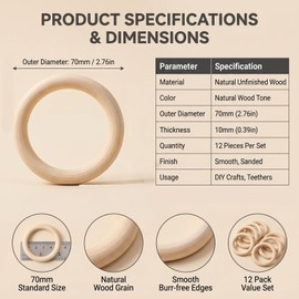 12Pcs Unfinished Wooden Rings 2.7 Inch