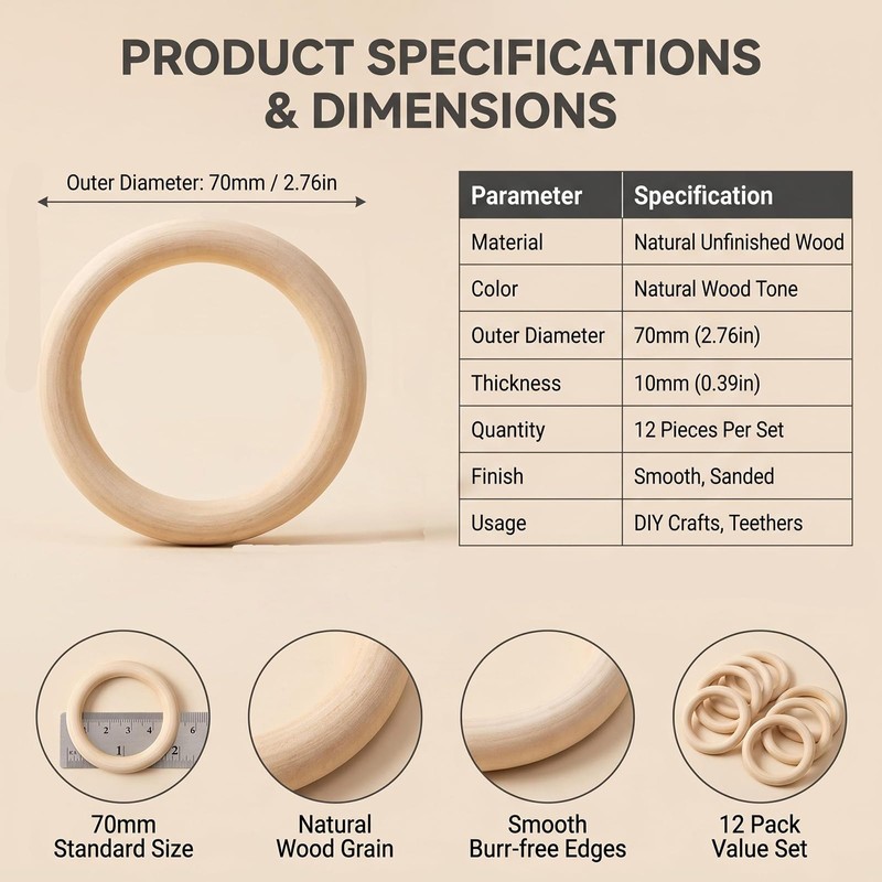 12Pcs Unfinished Wooden Rings 2.7 Inch