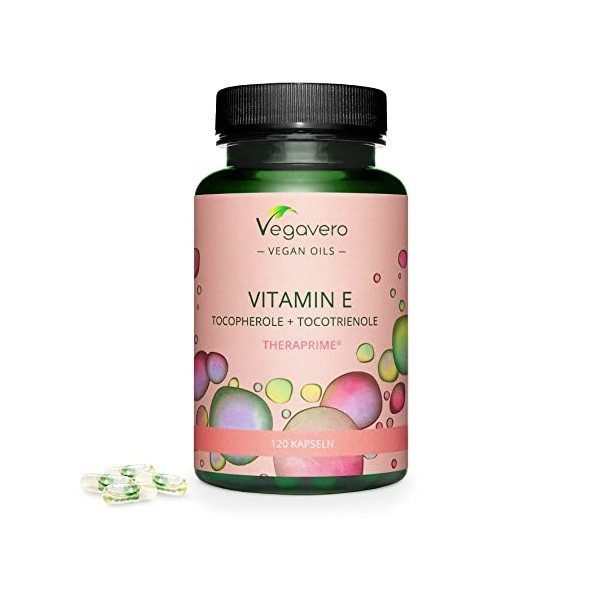 Natural Vitamin E Oil VegaveroÂ® | with TheraPrimEÂ® (Tocotrienols & Tocopherols) | 100% NRV per Capsule | NO Additives | Vegan | 120 Capsules (GreenCapsÂ®)