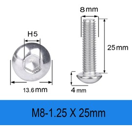 Metuja M8-1.25x25mm Button Head Socket Cap Bolts Screws（50pcs）, Stainless Steel, Full Thread, Silver, Allen Hex Drive