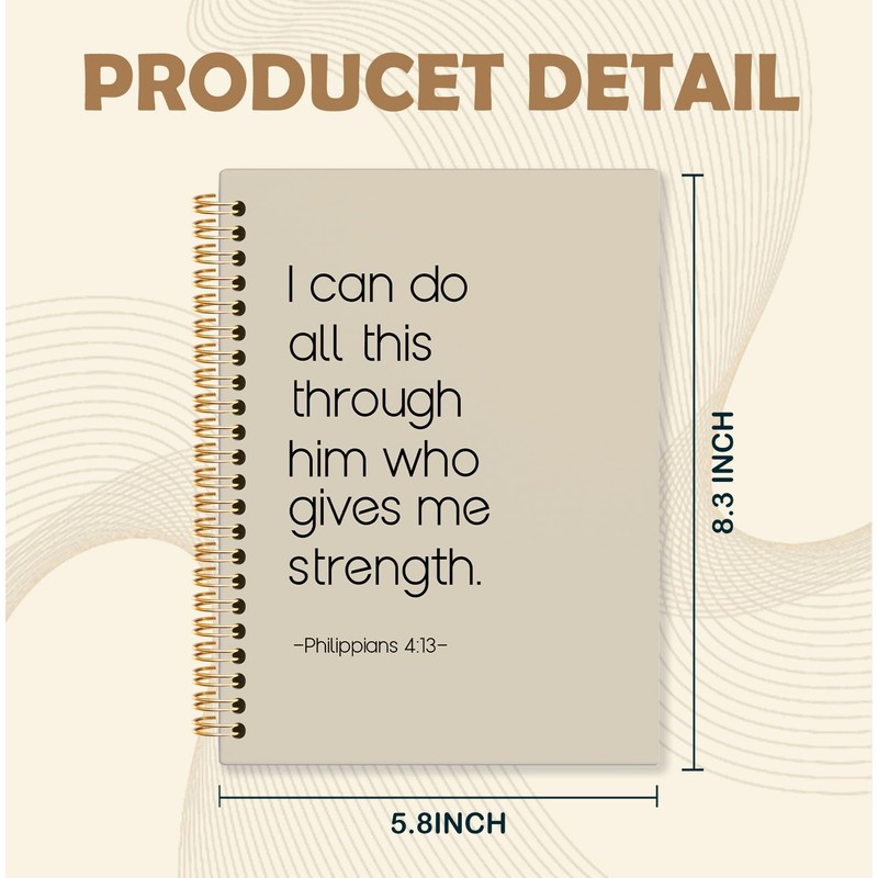 KRHFG Neutral Christian Spiral Notebook, Philippians 4:13 Bible Verse Journal,