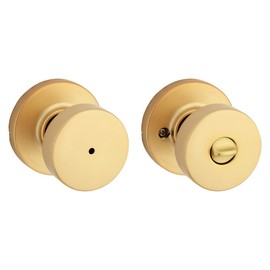 Kwikset Pismo Interior Privacy Door Knob with Lock, Door Handle for Bathroom and Bedroom, Satin Brass, Round, Keyless Turn Lock Doorknob, Microban Protection
