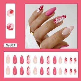 LPOODDNU Flower Press on Nails Almond, Spring Medium Press on Nails Pink Fake Nails, Cute Floral Glue on Nails, Reusable Stick on Nails - 24Pcs Medium Almond Flowers False Nails Set