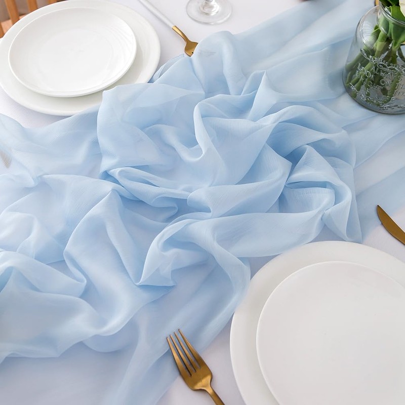 Chuqing Chiffon Table Runner, Light Blue, Decorative Table Runner, Table