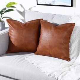 YAERTUN Set of 2 Faux Leather Decorative Throw Pillow Covers Modern Solid Outdoor Cushion Cases Luxury Pillowcases for Couch Sofa Bed 18x18 Inches Brown