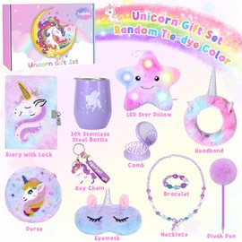 Unicorns Gifts for Girls Age 5 6 7 8 9 10 Years Old, Kids Unicorn Toy with Light Up Plush Star Pillow, Diary, Headband, Eye Mask, Water Bottle, Teen Soft Plush Toys Set for Birthday Gift Christmas